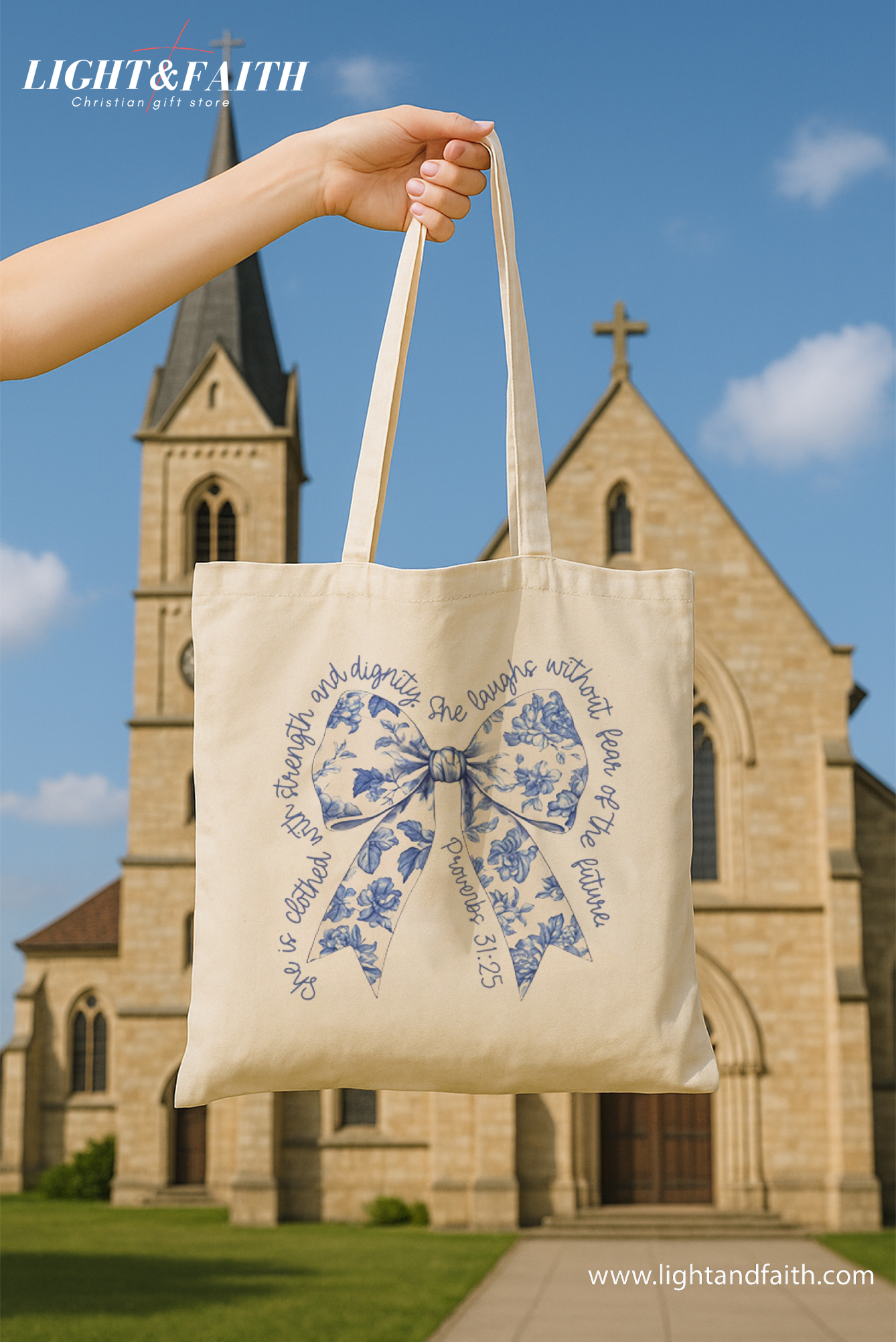 Floral Christian Tote Bag Proverbs 31:25, Bible Verse Bow Canvas Bag, Faith Gift for Women, Church Tote, Religious Scripture Bag Christian Gift TBLAF39
